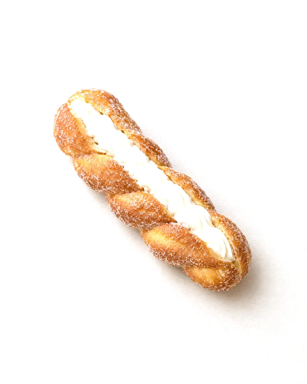Concept image of a cream-filled twisted doughnut: a long sugar-dusted twist split along the top and filled with white cream.
