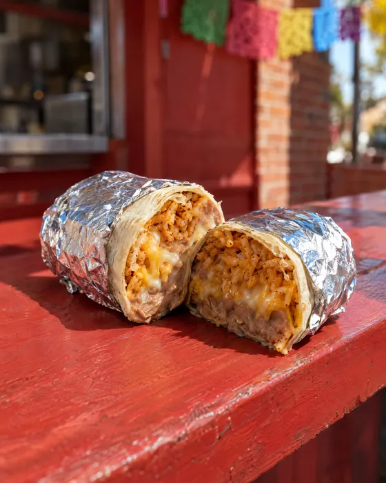 A bean, rice and cheese burrito in foil, cut open.