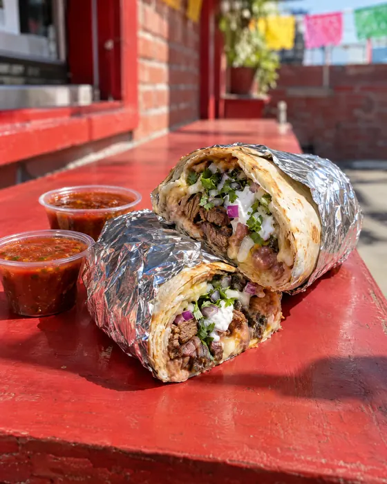 A classic burrito in foil, cut open, with two cups of salsa.
