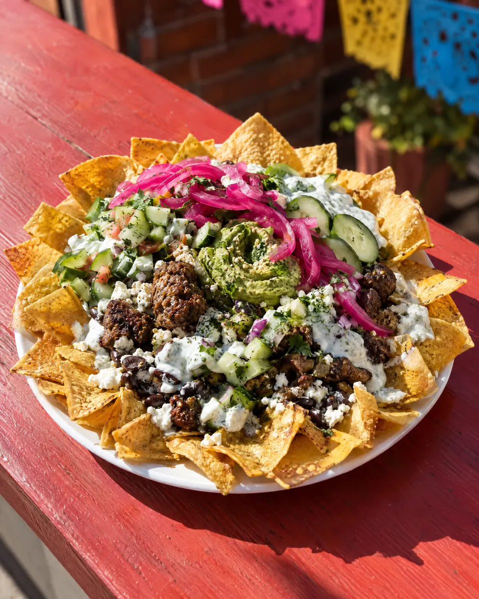 Egyptian Nachos: corn tortilla chips fanned around a platter, topped with kofta, feta, hummus, cucumber salad and pink pickled onions.