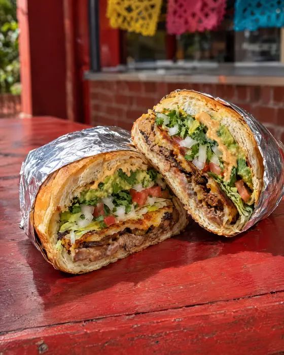 El Sereno Torta cut in half in foil.