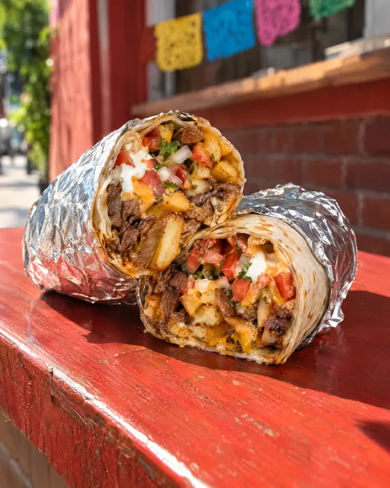 LA Burrito cut open to show carne asada and fries.