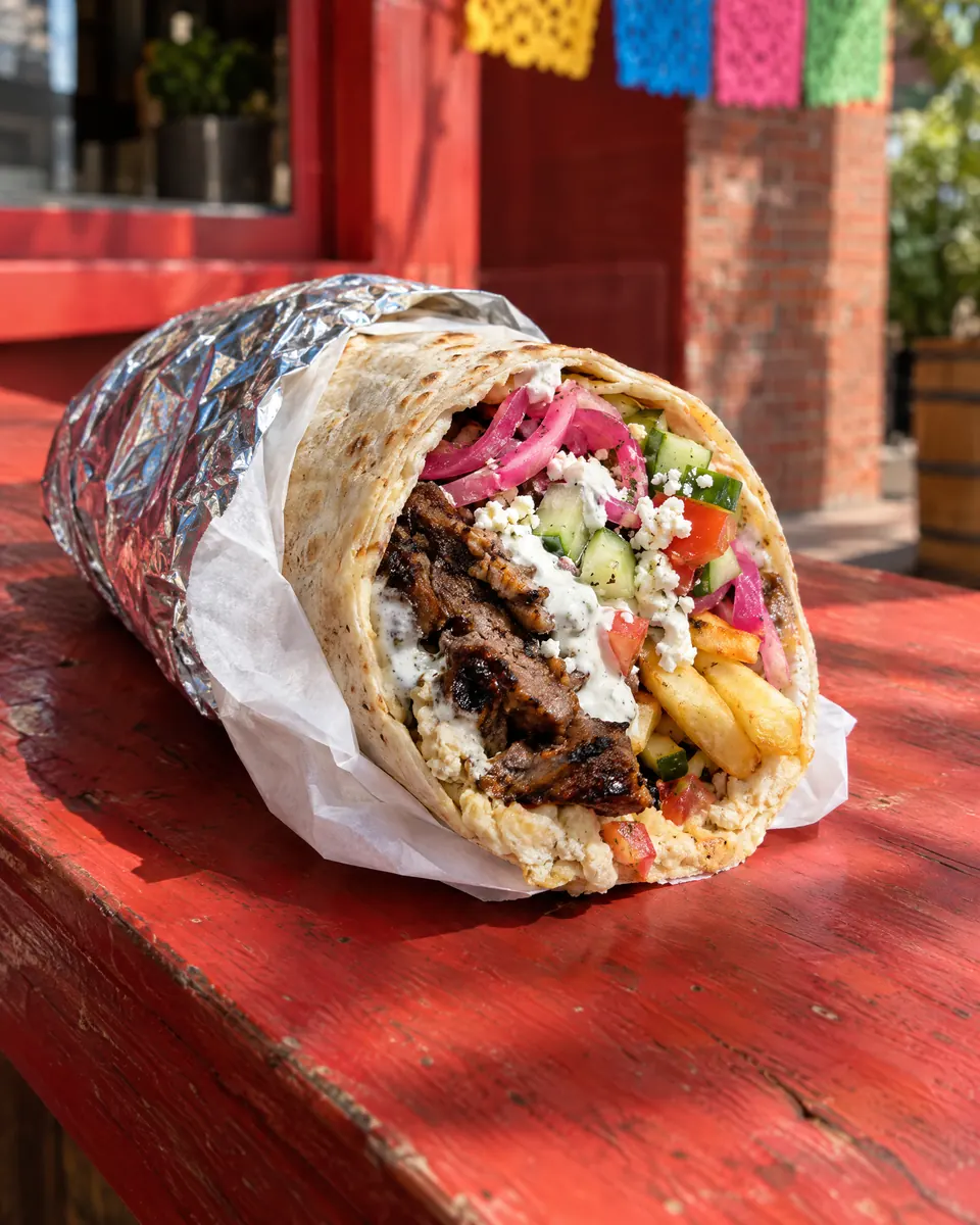 LA Kebab: a burrito cut open to show grilled kebab, fries, hummus, feta, cucumber, tomato and pickled onions.