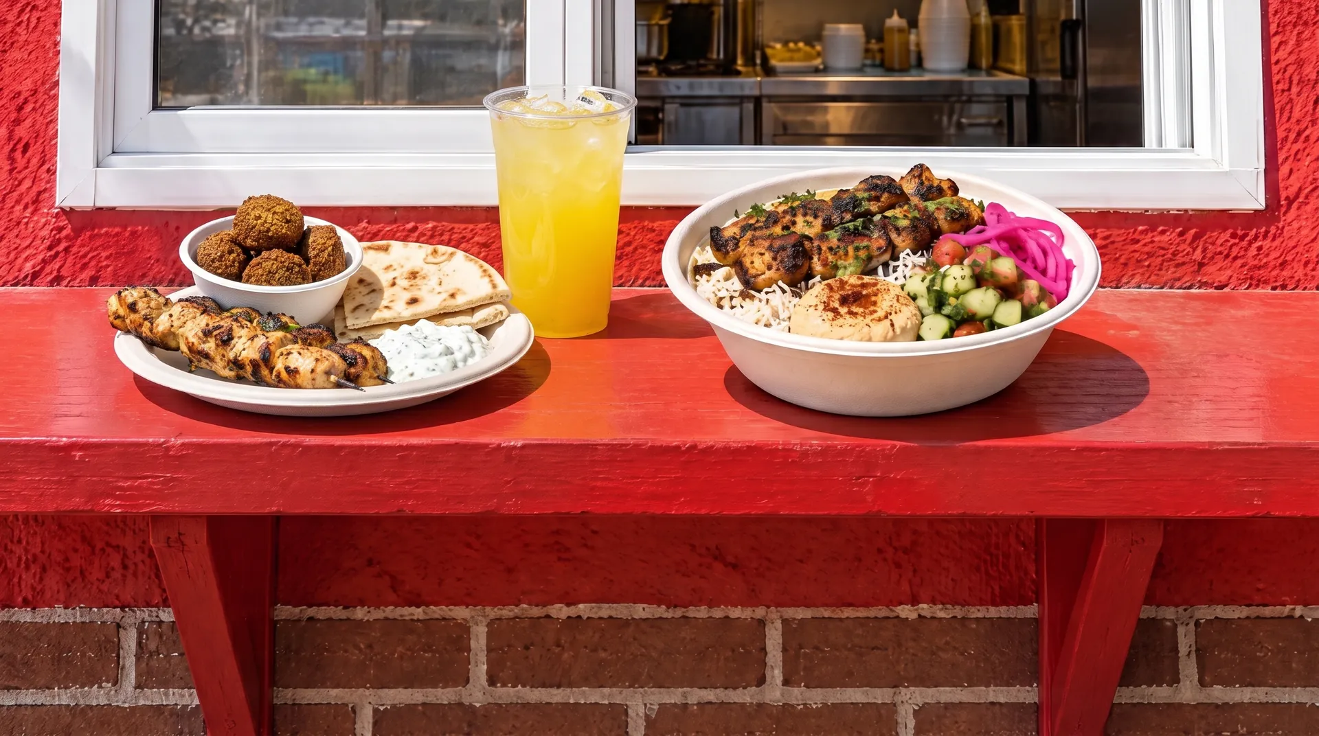 The Mediterranean kitchen on the counter: a grilled chicken kebab plate with pita, tzatziki and falafel, a kebab bowl with hummus and cucumber salad, and a pineapple agua fresca.