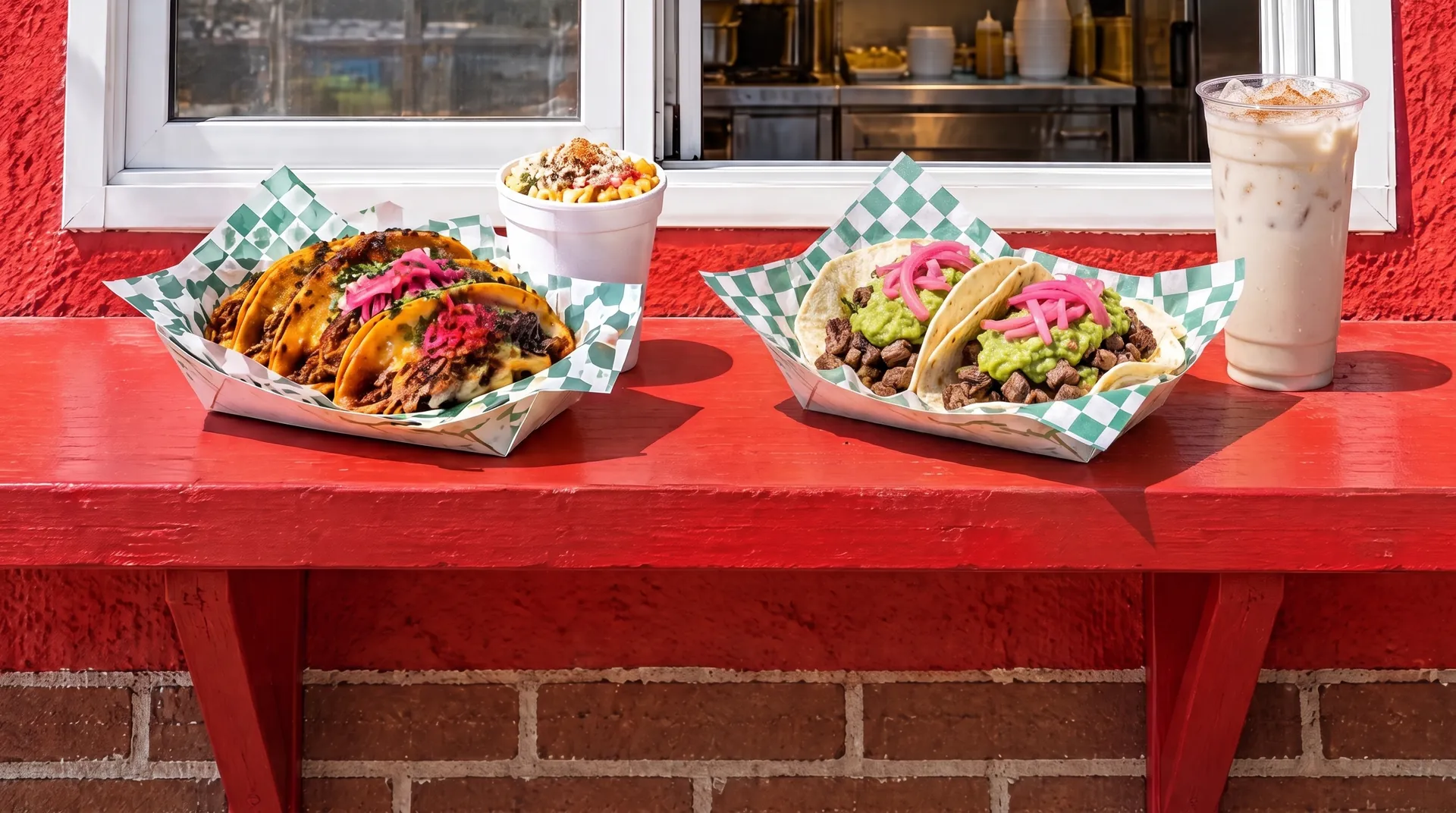 The Mexican kitchen on the counter: queso birria tacos, a cup of esquite, super street tacos with guacamole, and a horchata.