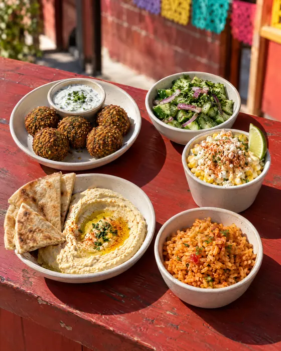 Sides: falafel with tzatziki, cucumber salad, esquite, hummus with pita, and rice.
