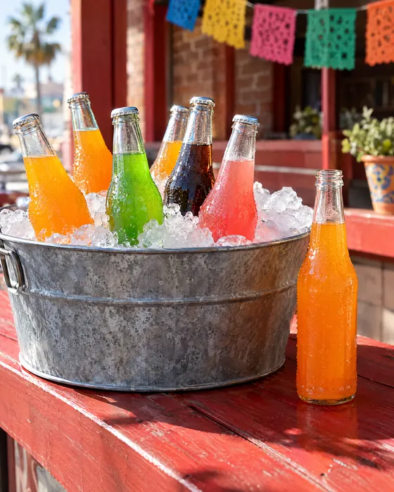 Glass-bottle sodas in a tub of ice.