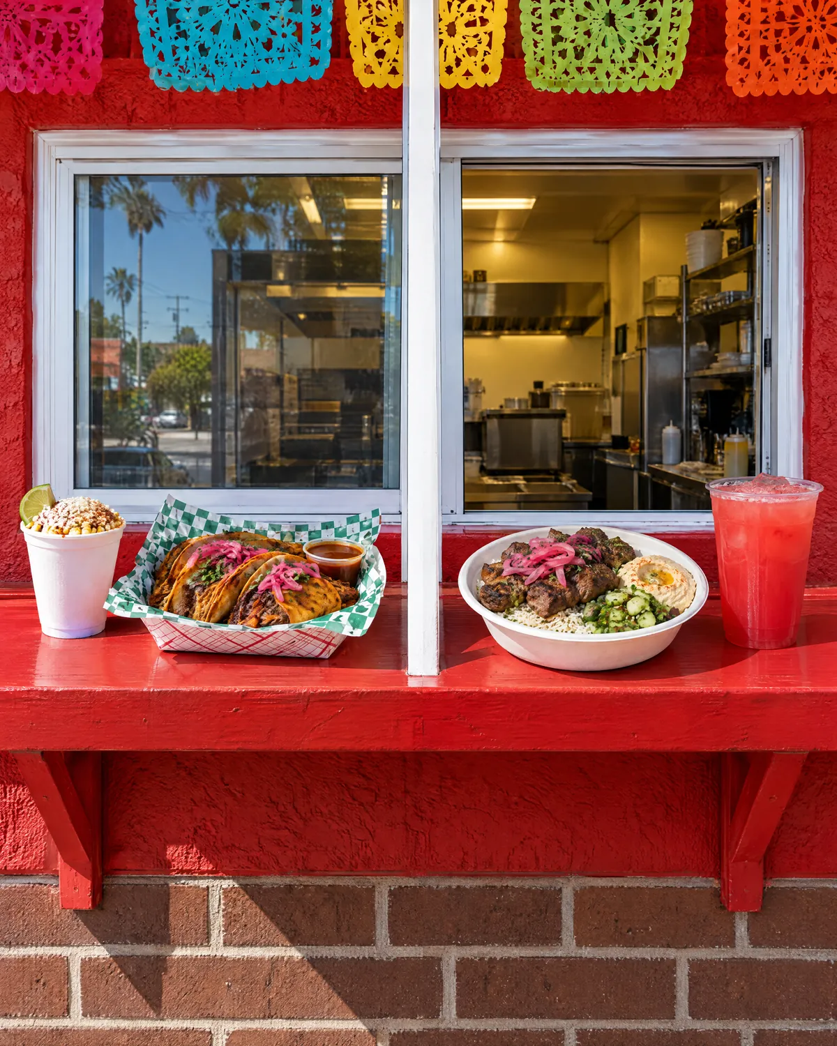 The red service window with birria tacos, esquite, a kebab bowl and a watermelon agua fresca on the counter.