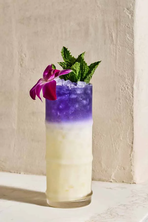 616 Gimlet layered purple over white in a tall glass, garnished with an orchid and mint
