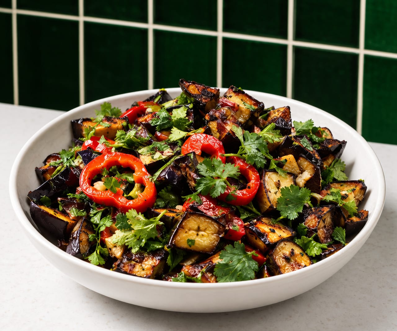 Fried eggplant with red pepper and cilantro in a white bowl on marble, in front of green tile