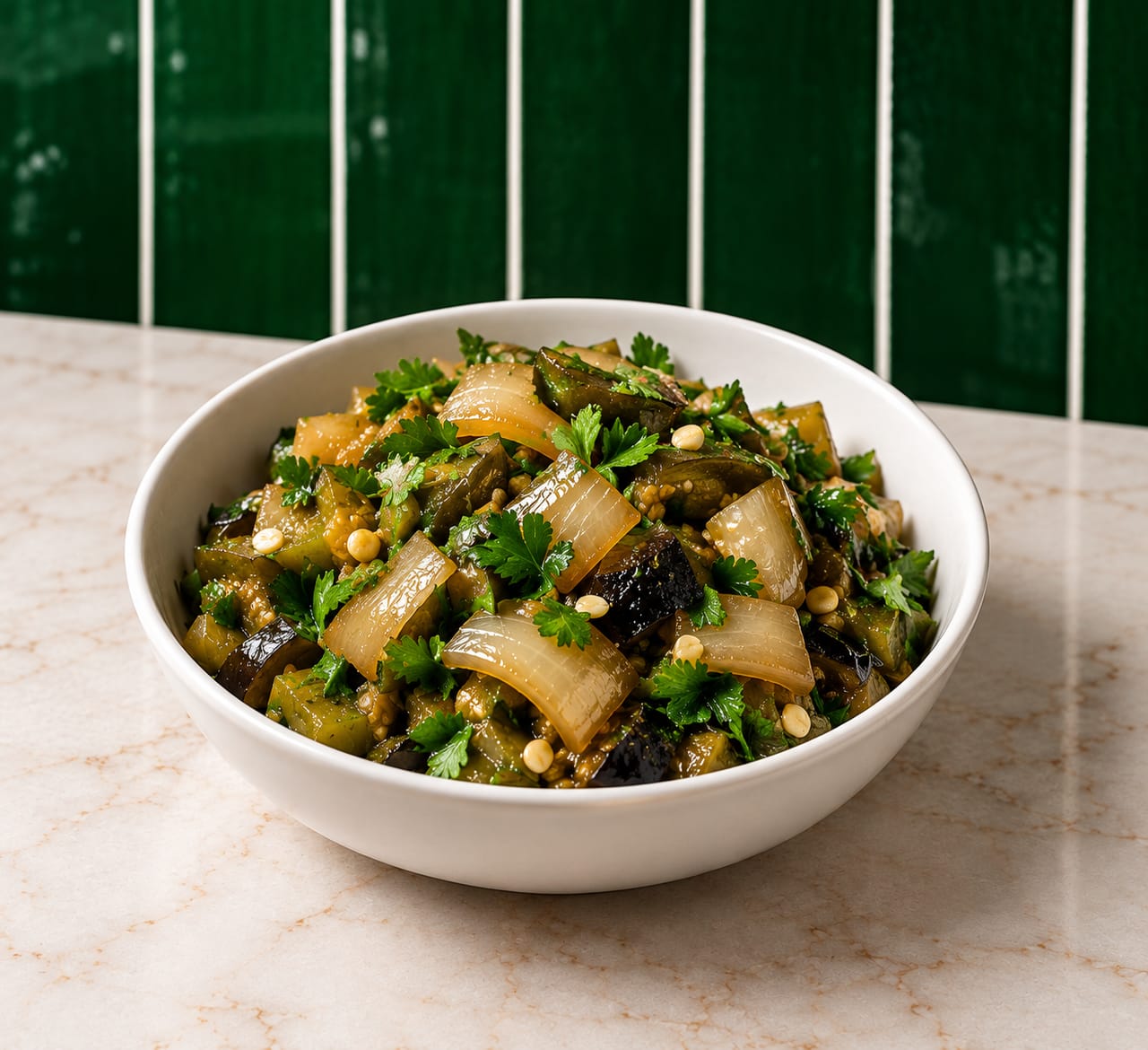 Charred jalapeños with soft onion, garlic and cilantro in a white bowl on marble, in front of green tile