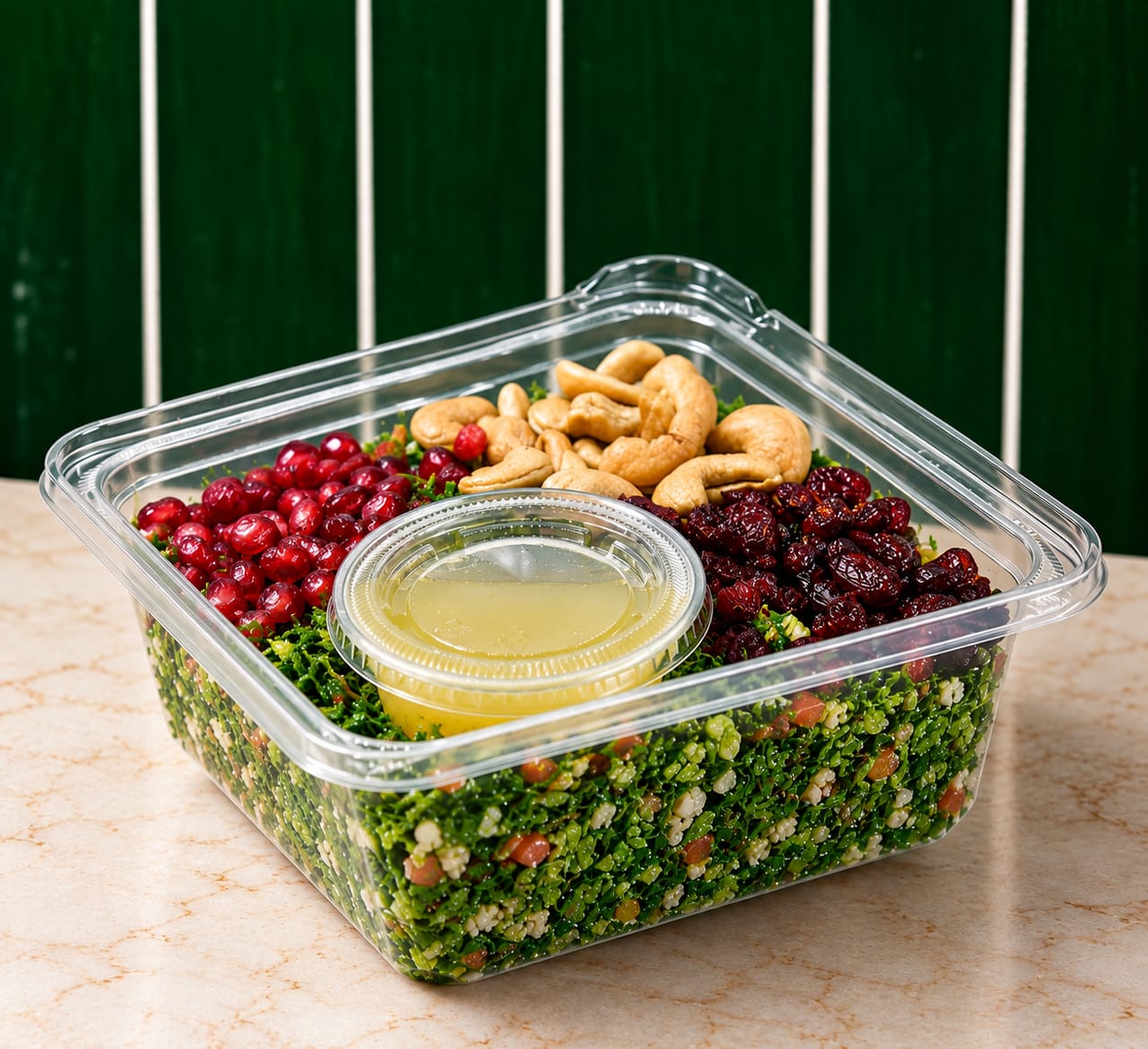 Shuk salat packed to go: chopped herbs topped with pomegranate, cranberries and roasted cashews, with a cup of dressing