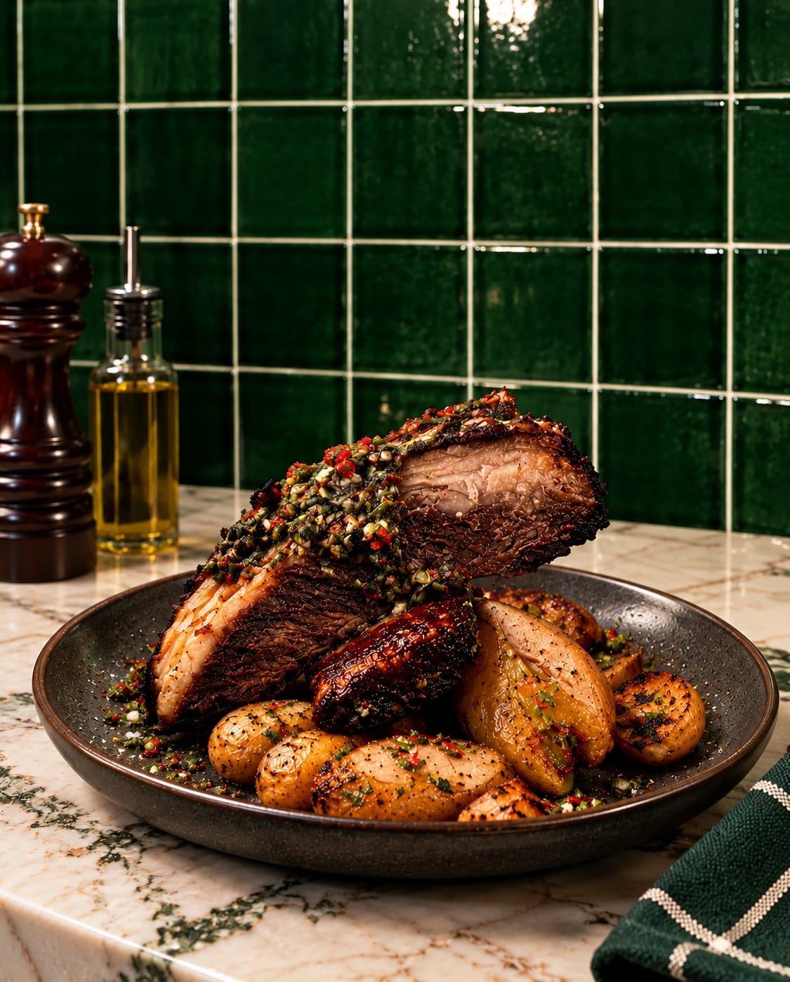 Glazed wagyu short rib with herbs and roasted potatoes on a dark plate, beside a pepper mill and olive oil