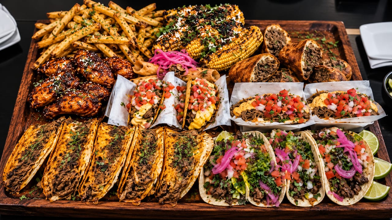 A long wooden catering board of tacos, tostadas, flautas, fries, wings and grilled corn with lime