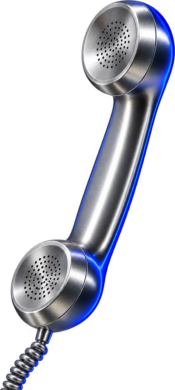 A polished silver telephone receiver lit with a cobalt-blue edge.
