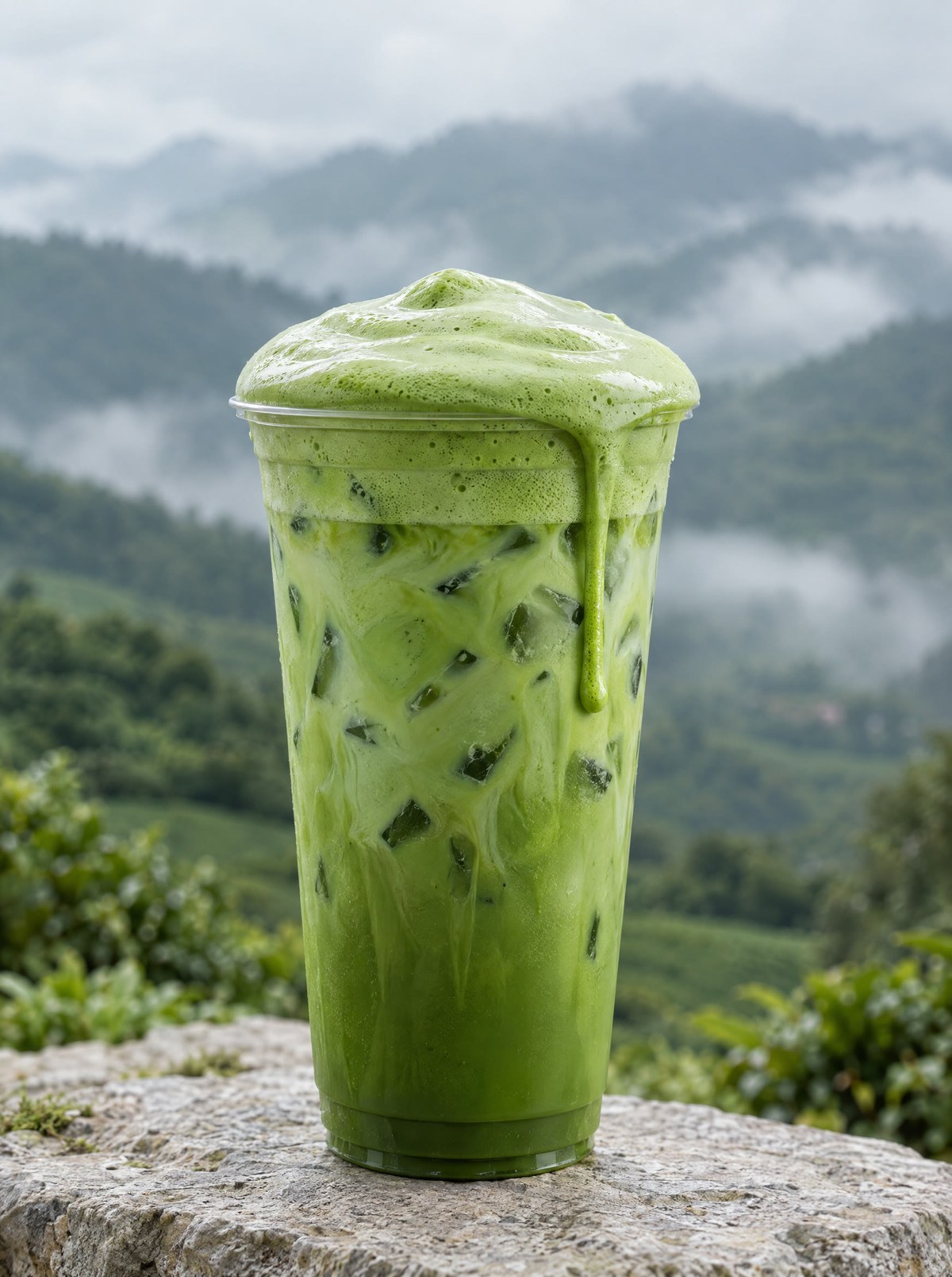 Iced matcha latte with a thick green foam top and a slow drip down the side