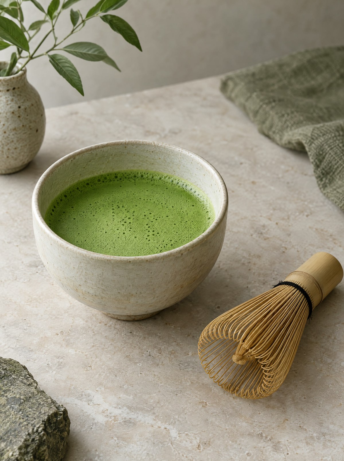 A bowl of freshly whisked matcha beside a bamboo whisk