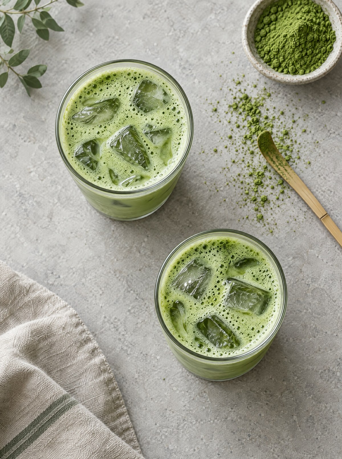 Two iced matcha drinks on pale stone, seen from above