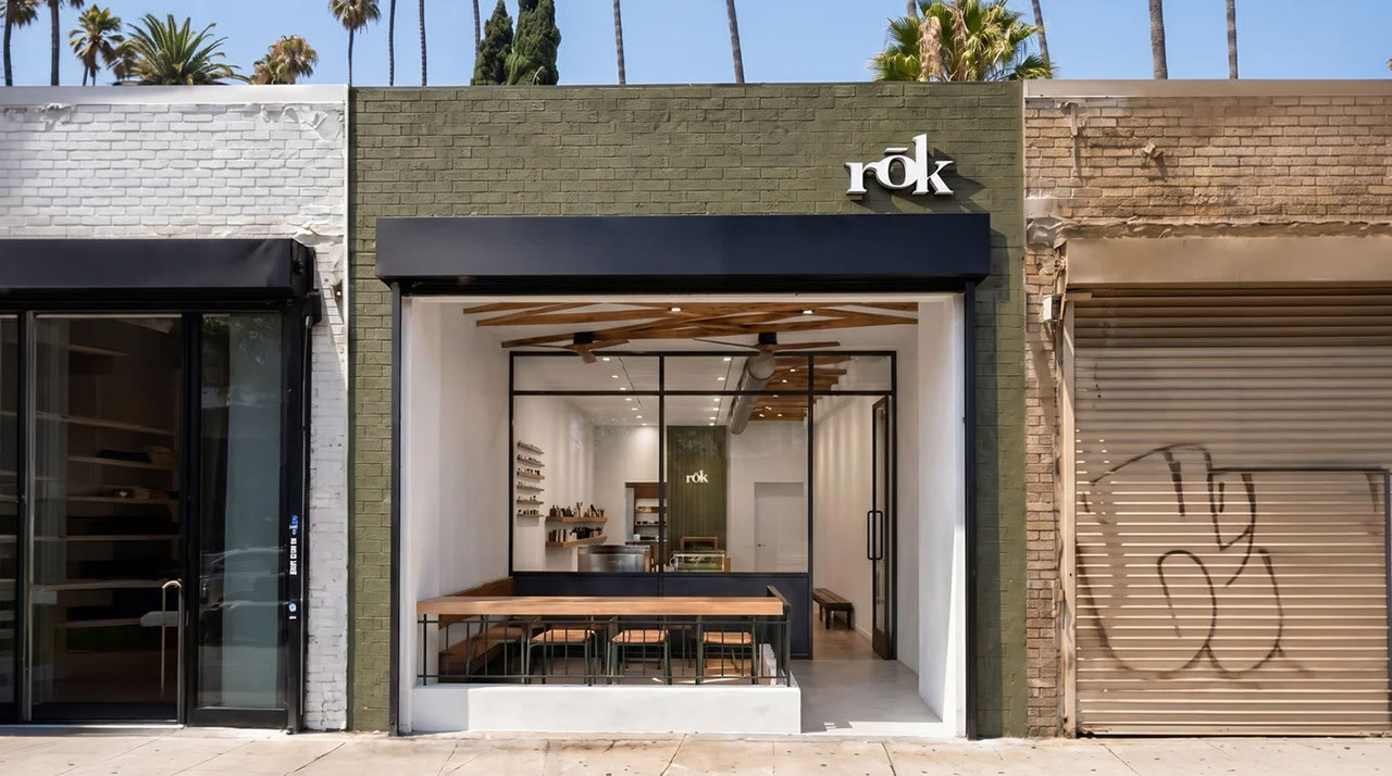 The rōk Silver Lake shopfront on Sunset Blvd, olive green brick with an open front