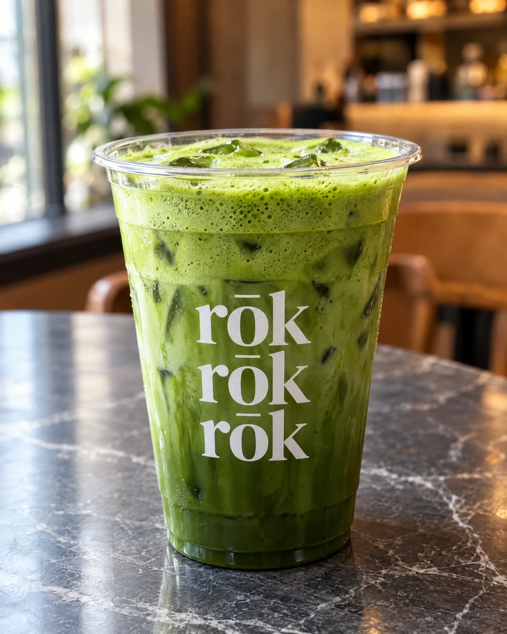 A rōk matcha latte with a bright green top on a dark marble table