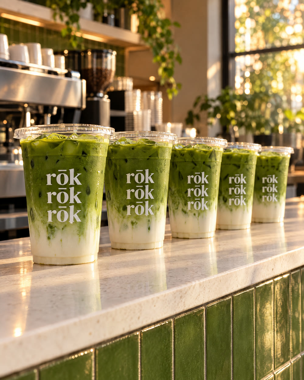Finished rōk matcha lattes lined up on the pickup counter