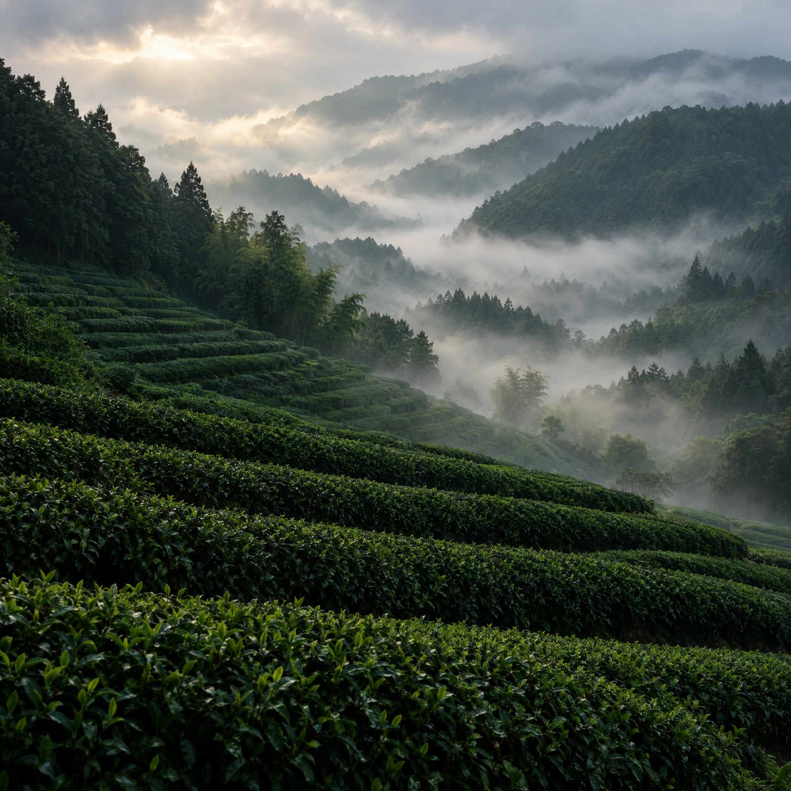 Shade-grown tea rows in Uji under soft morning mist