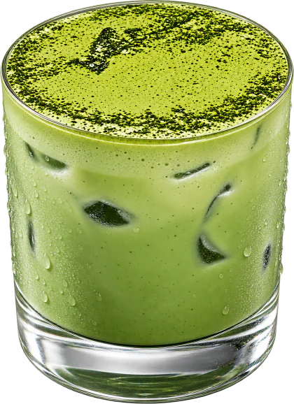 Double Matcha in a clear glass, topped with matcha cream and a dusting of matcha powder