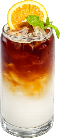 Stagger Tonic: espresso layered over tonic in a tall glass, garnished with orange and mint