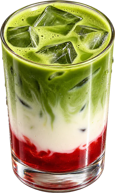 Strawberry Matcha layered green over milk and red strawberry, with ice