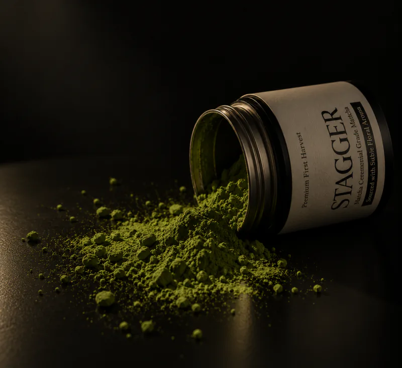 A Stagger matcha tin tipped on its side, fine matcha powder spilling across a dark surface