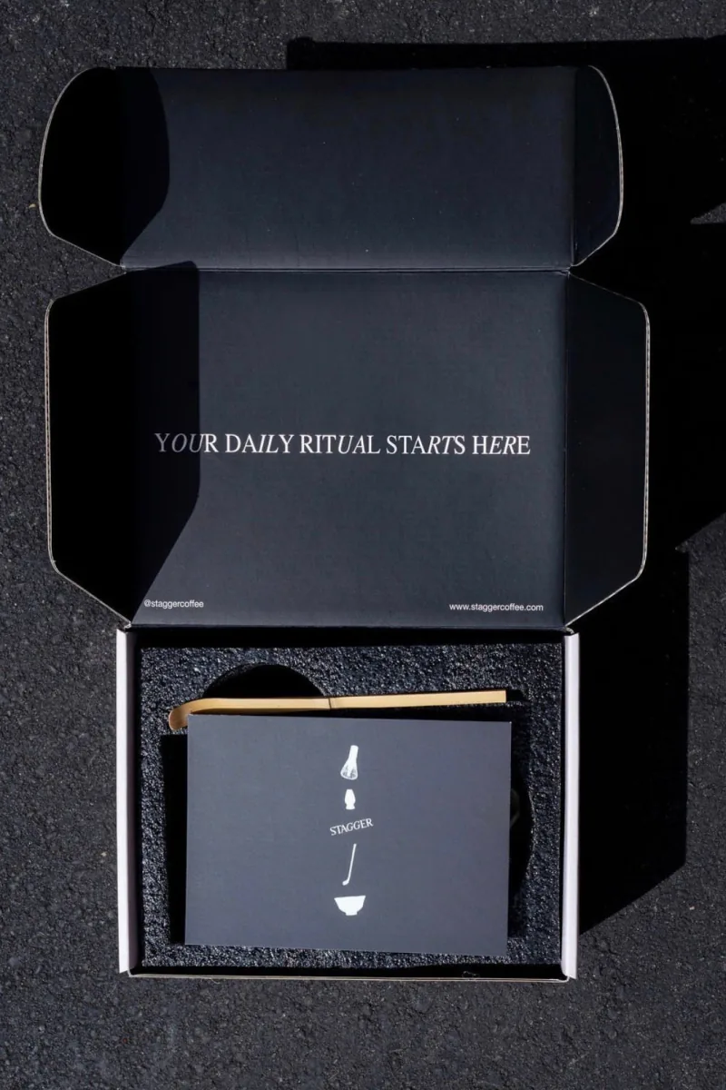 Open black Stagger matcha bowl set box printed Your daily ritual starts here