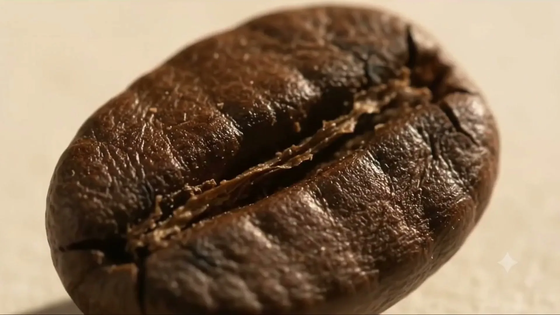 Extreme close-up of the roasted bean, its centre crease and cracked surface filling the frame